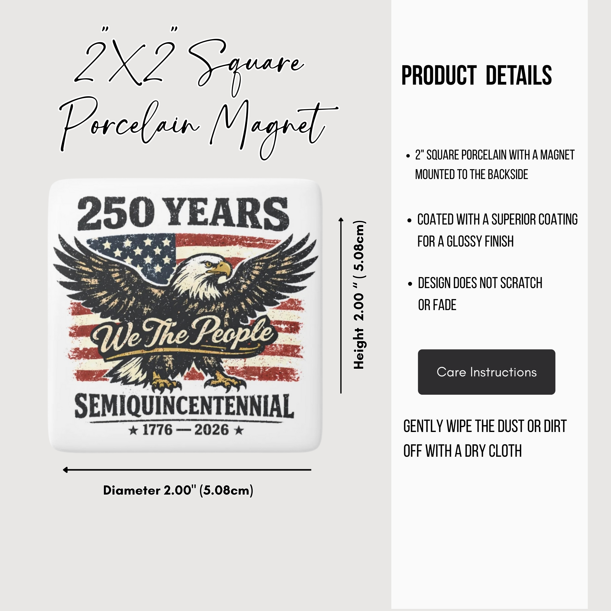 2x2 square porcelain magnet with American flag and eagle design, featuring product details on a white background.