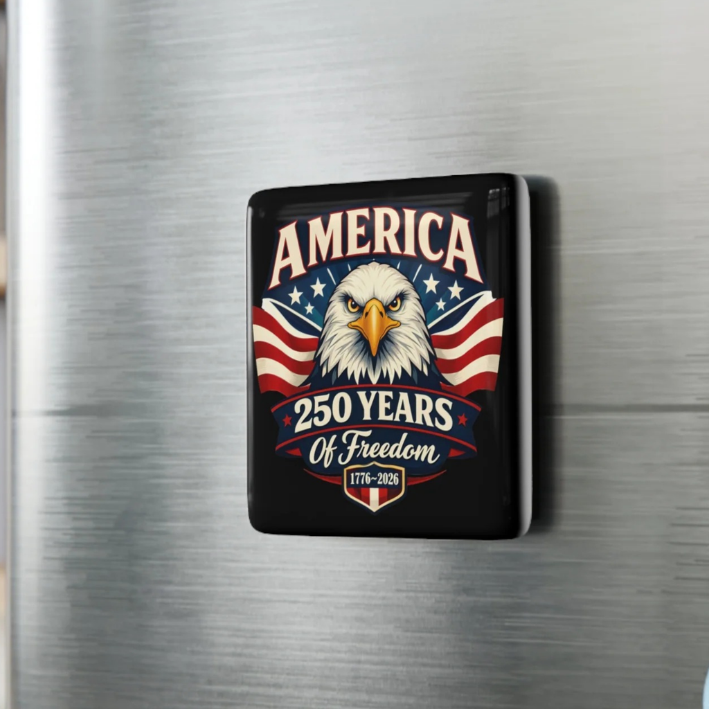 Decorative magnet with American eagle and 'America 250 Years of Freedom' text on a metallic surface