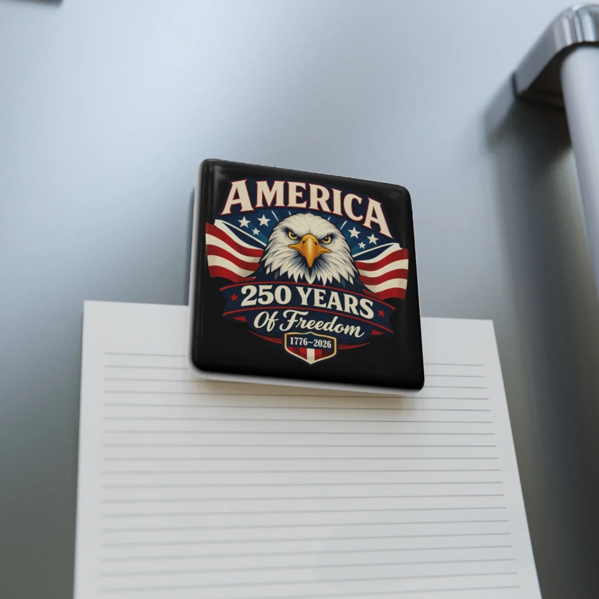 Decorative magnet with American eagle design on a white surface