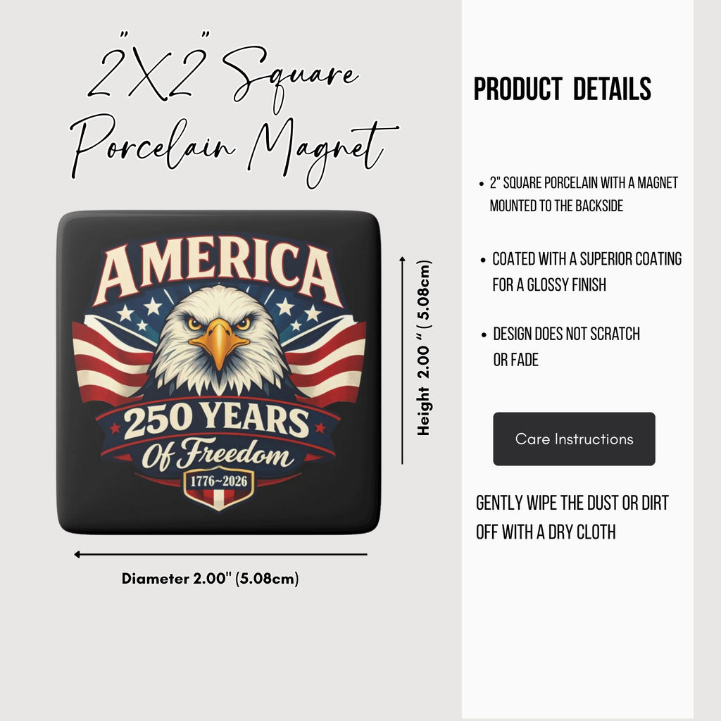 2x2 square porcelain magnet with American flag and eagle design, featuring product details on a white background.
