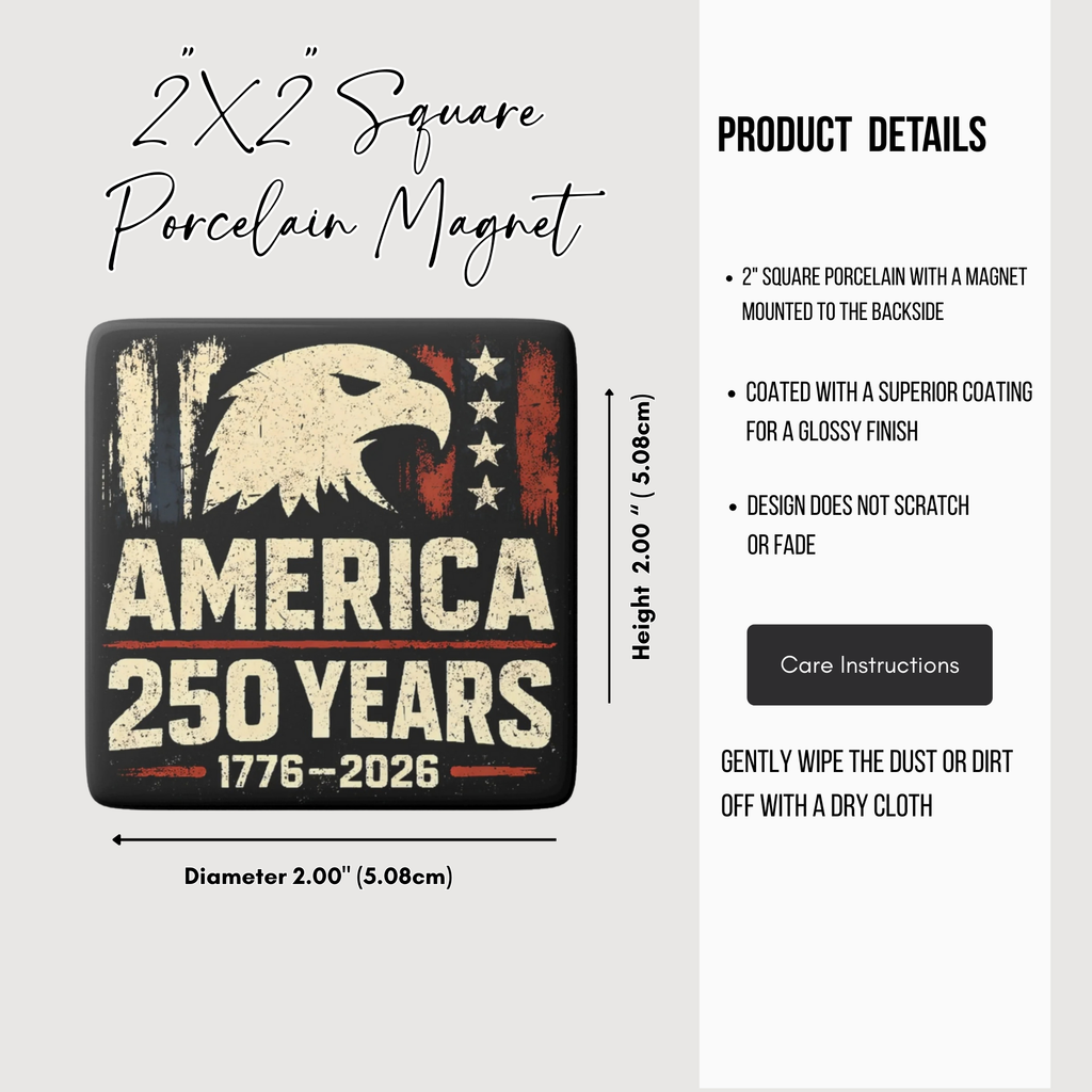Product details of a 2x2 square porcelain magnet with an eagle design and text.