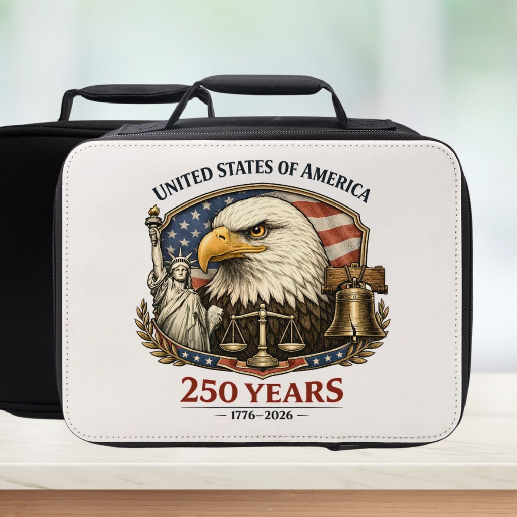 Lunch box with American-themed design featuring an eagle, Statue of Liberty, and Liberty Bell on a white background.
