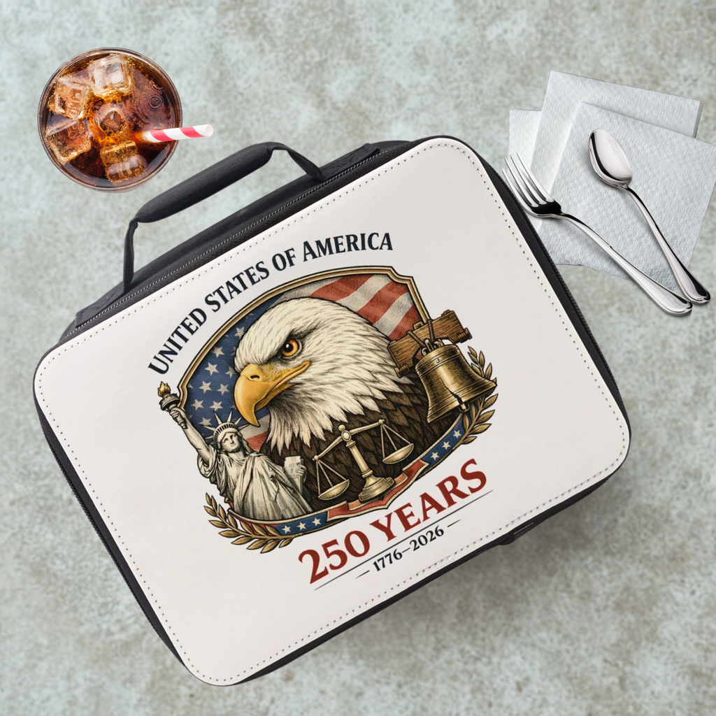 Lunch bag with American eagle design and 'United States of America 250 Years' text on a cafeteria table with a drink and eating utensils.