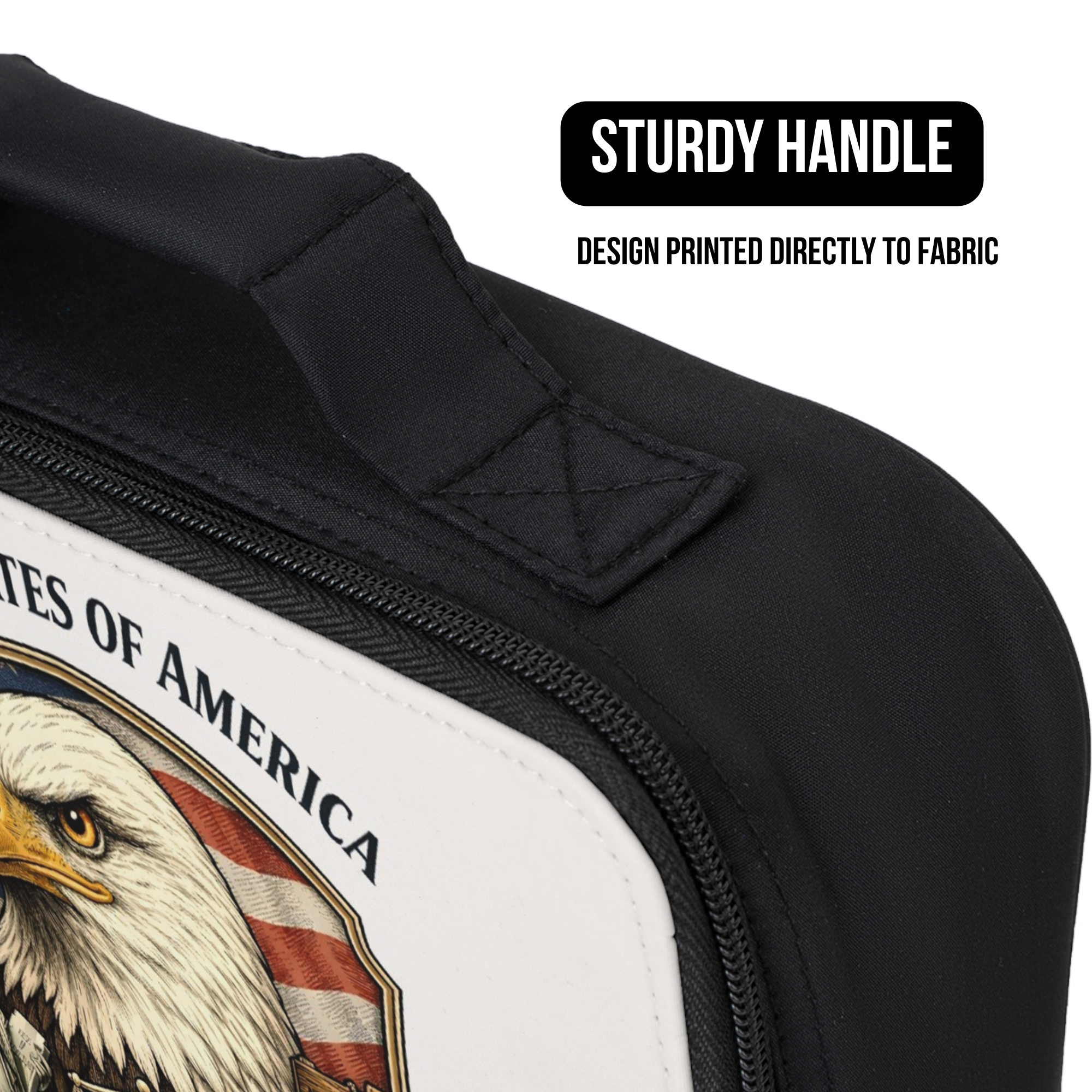 Black lunch bag with a design of an eagle and 'States of America' text, featuring a sturdy handle.