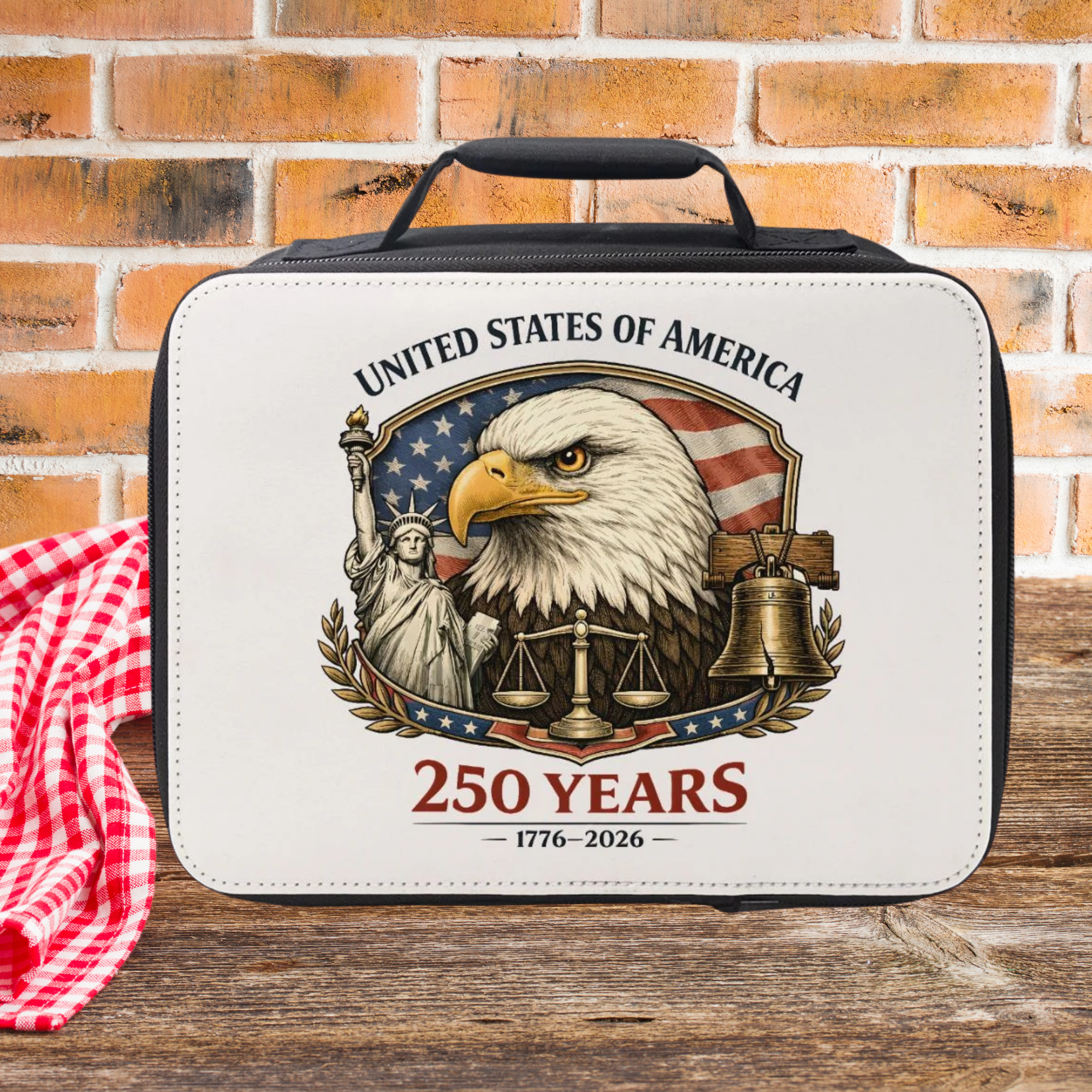 Lunch bag with American-themed design featuring an eagle, flag, and text on a wooden picnic table against a brick wall background.