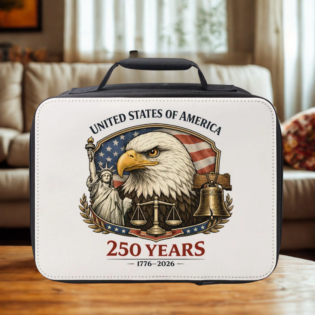 insulated lunch bag with American-themed design featuring an eagle, Statue of Liberty, and text celebrating 250 years of the United States.