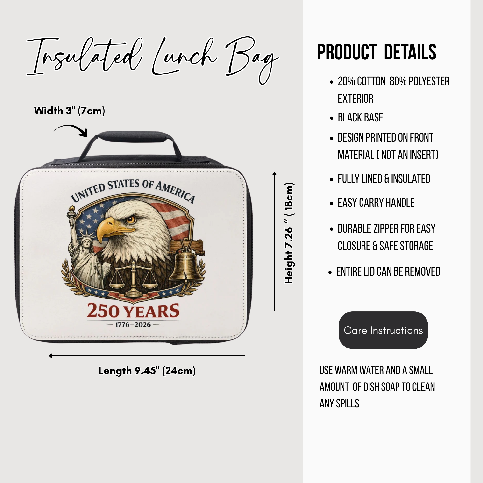 Insulated lunch bag with American eagle design and product details on a white background