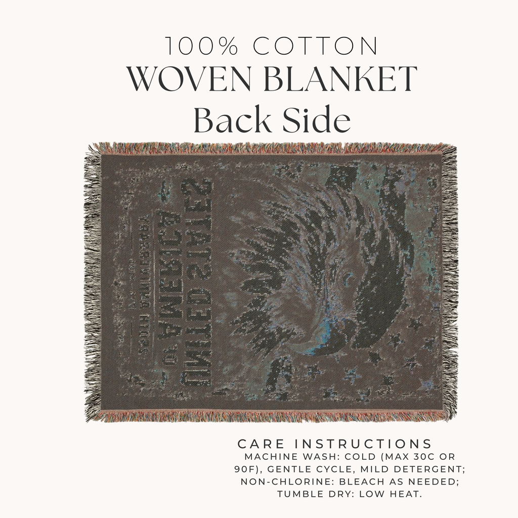 Back Side of Woven blanket with care instructions on a white background