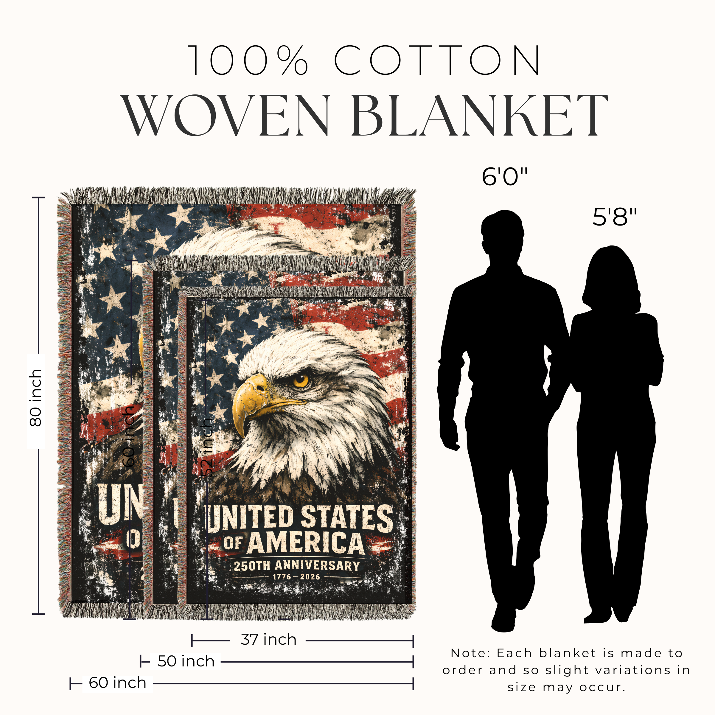 Woven blanket with American flag and bald eagle design, dimensions shown, 100% cotton label.