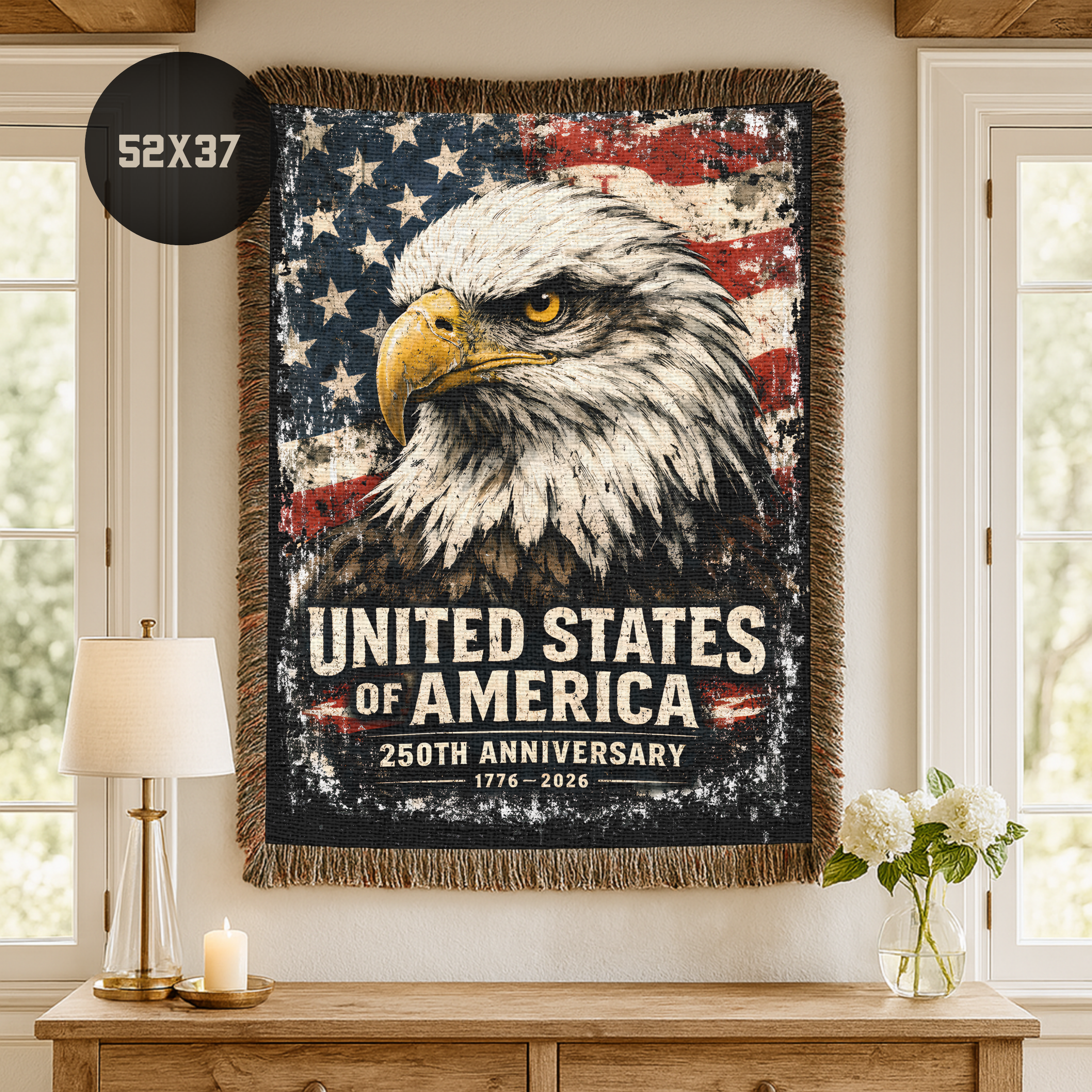 Decorative woven blanket with an eagle design and 'United States of America' text hanging as a tapestry in a home setting.