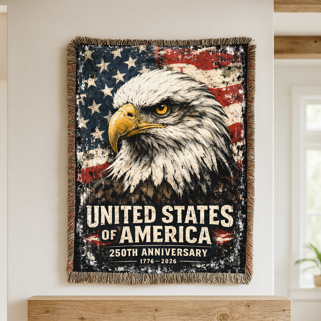 Woven blanket with an eagle design and 'United States of America 250th Anniversary' text, displayed on a wall.