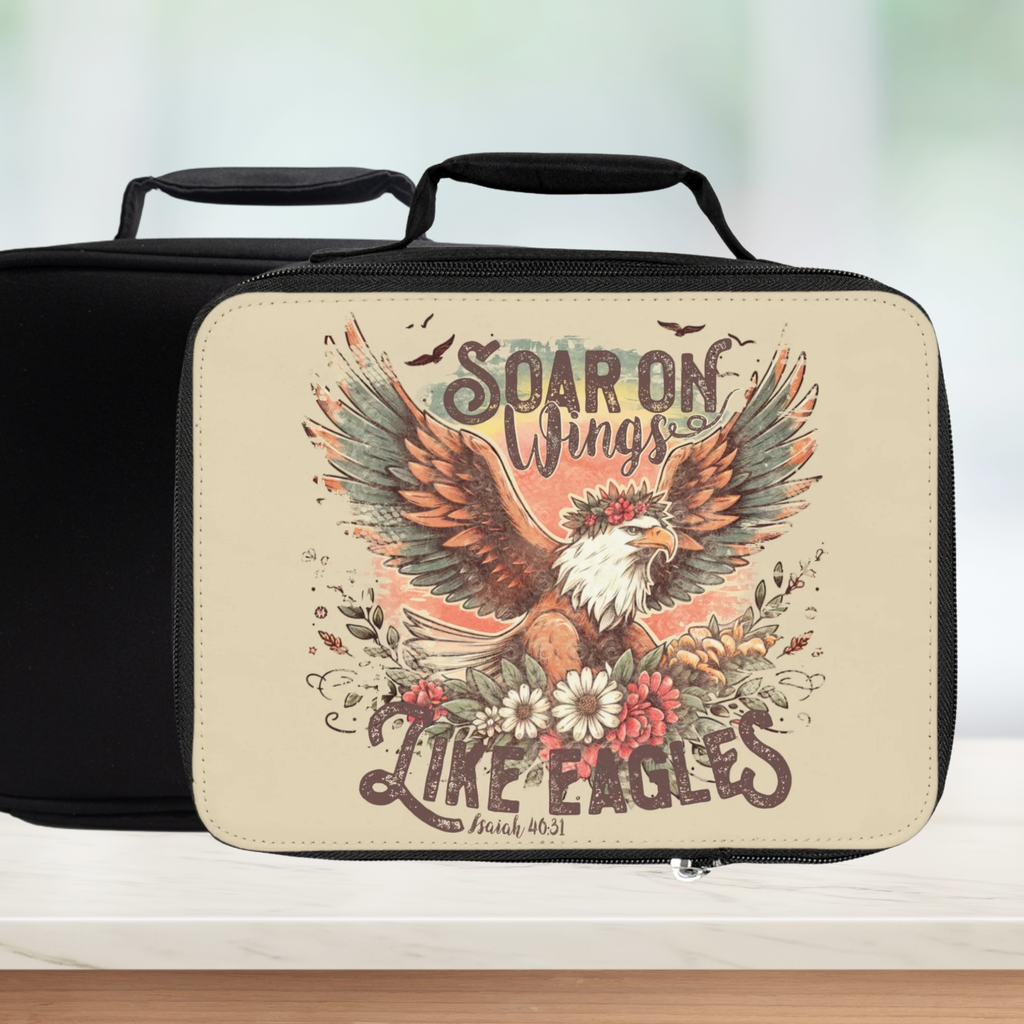  insulated lunch bag with eagle design and text ' Soar On Wings Like Eagles, Isaiah 40:31' on a white background