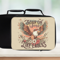  insulated lunch bag with eagle design and text ' Soar On Wings Like Eagles, Isaiah 40:31' on a white background