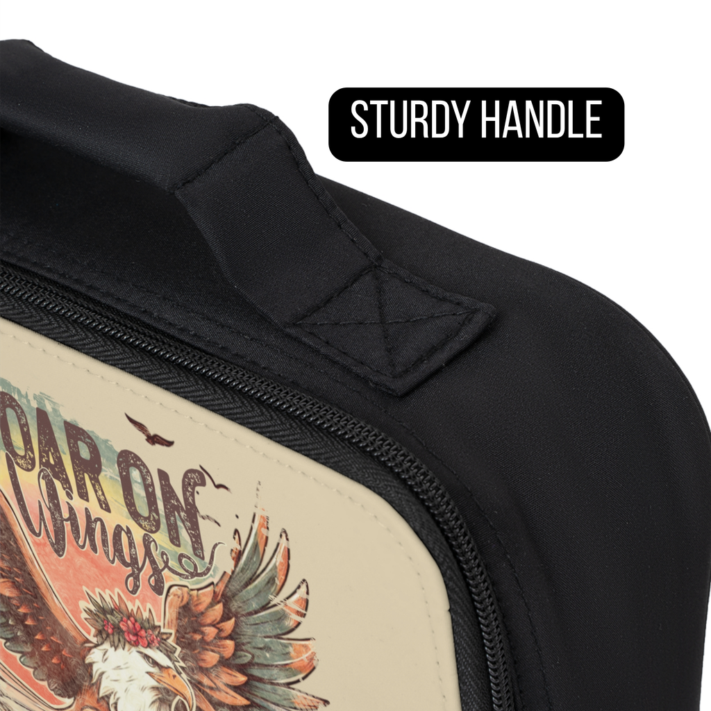 Black lunch bag with a handle and colorful design on a white background