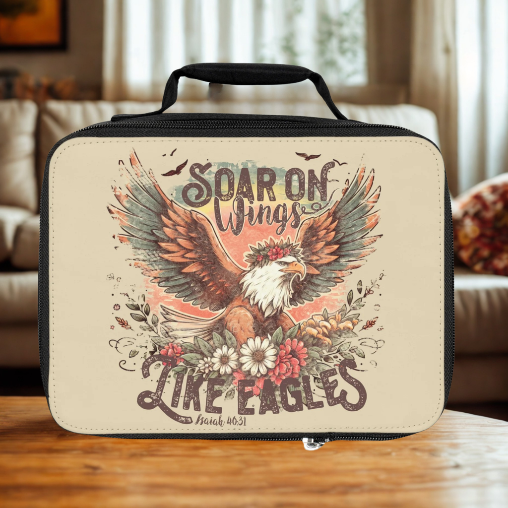  insulated lunch bag with eagle design and text on a wooden table