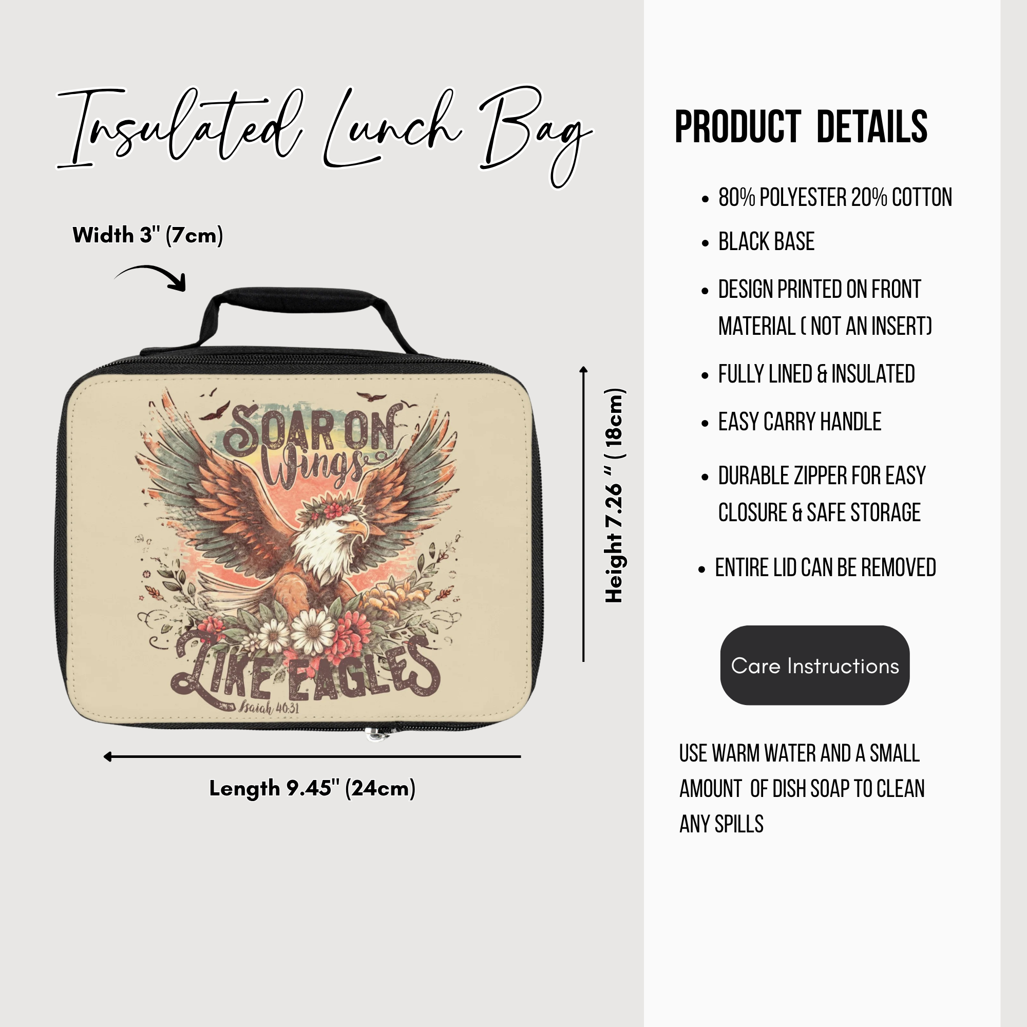 Insulated lunch bag with eagle design and product details on a white background