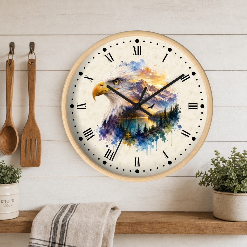 A round wall clock with a light wood frame hangs on a white wood plank wall above a wooden shelf. The clock face features a colorful watercolor design of an eagle over a mountain and forest landscape.
