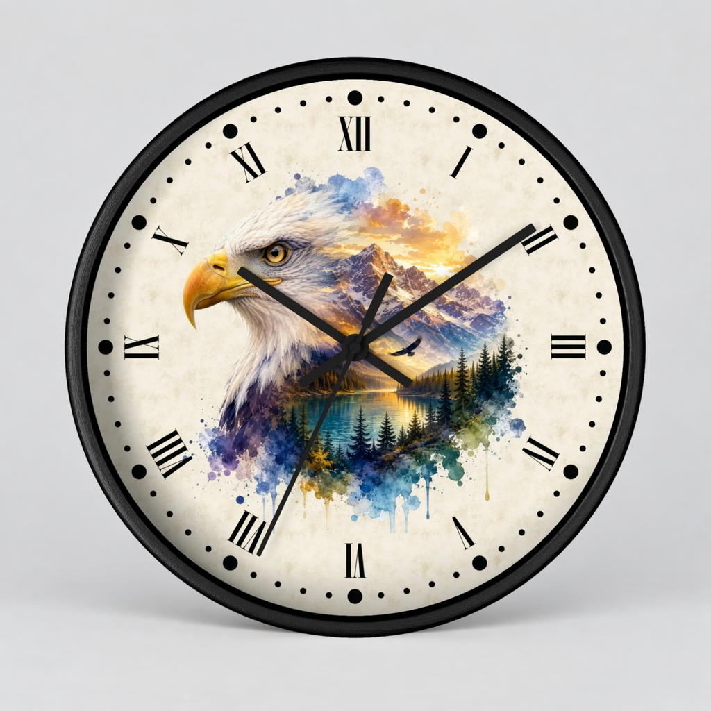 A round wall clock with a black frame and Roman numerals, featuring a printed design of an eagle head layered over a colorful landscape of mountains, lake, and trees on an off-white background.