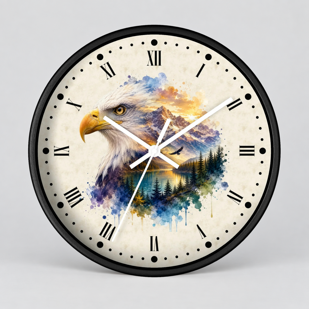 A round wall clock with a black frame and Roman numerals, featuring a watercolor-style design of a bald eagle over a mountain and forest landscape on the clock face, shown against a light gray background.