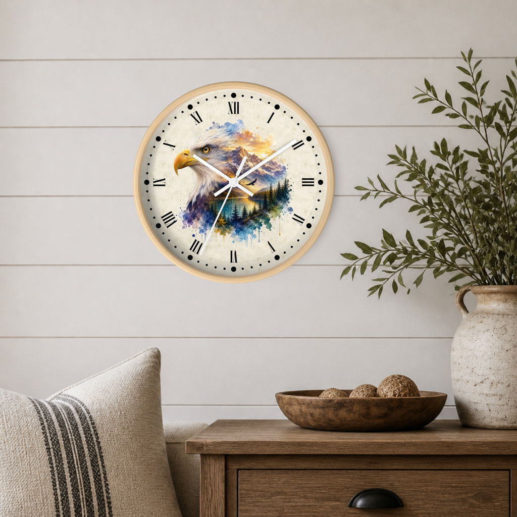 A round wall clock with a light wood frame hangs on a white shiplap wall above a wooden side table. The clock face features a colorful watercolor painting of an eagle's head.