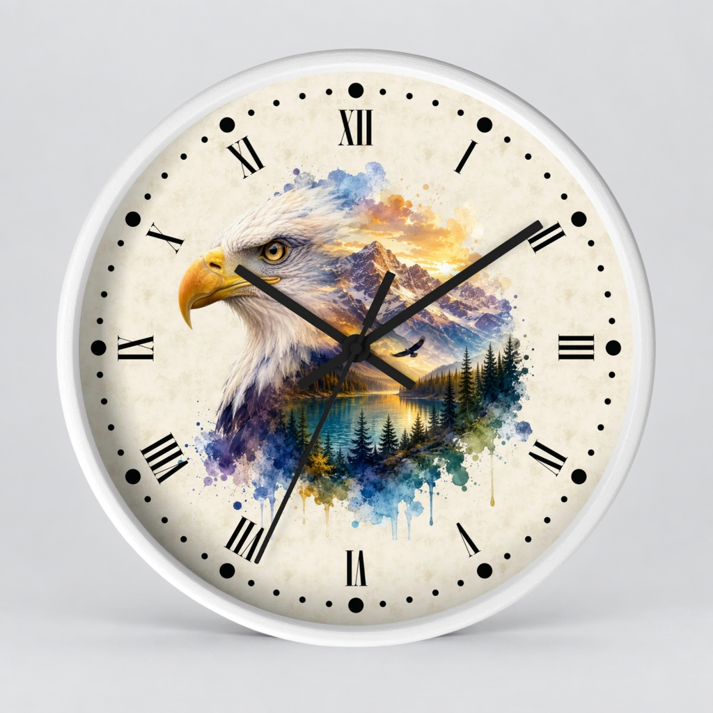 A round wall clock with a white frame and a cream-colored face featuring a watercolor-style design of an eagle over mountains and a forest. The clock has black Roman numerals and black hands, photographed against a neutral light gray background.