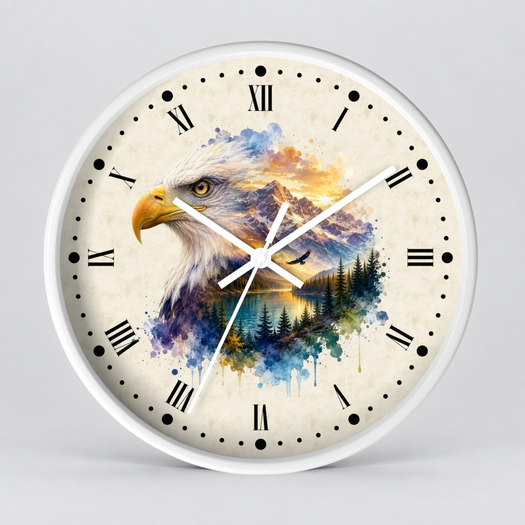 A round wall clock with a white frame and a cream-colored face featuring a watercolor-style bald eagle over a mountain and lake landscape. The clock has black Roman numerals and white hands against a light gray studio background.