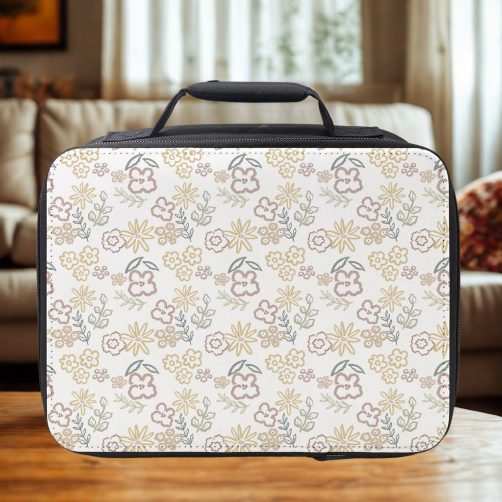 Floral patterned lunch bag on a wooden  coffee table with a blurred living room background
