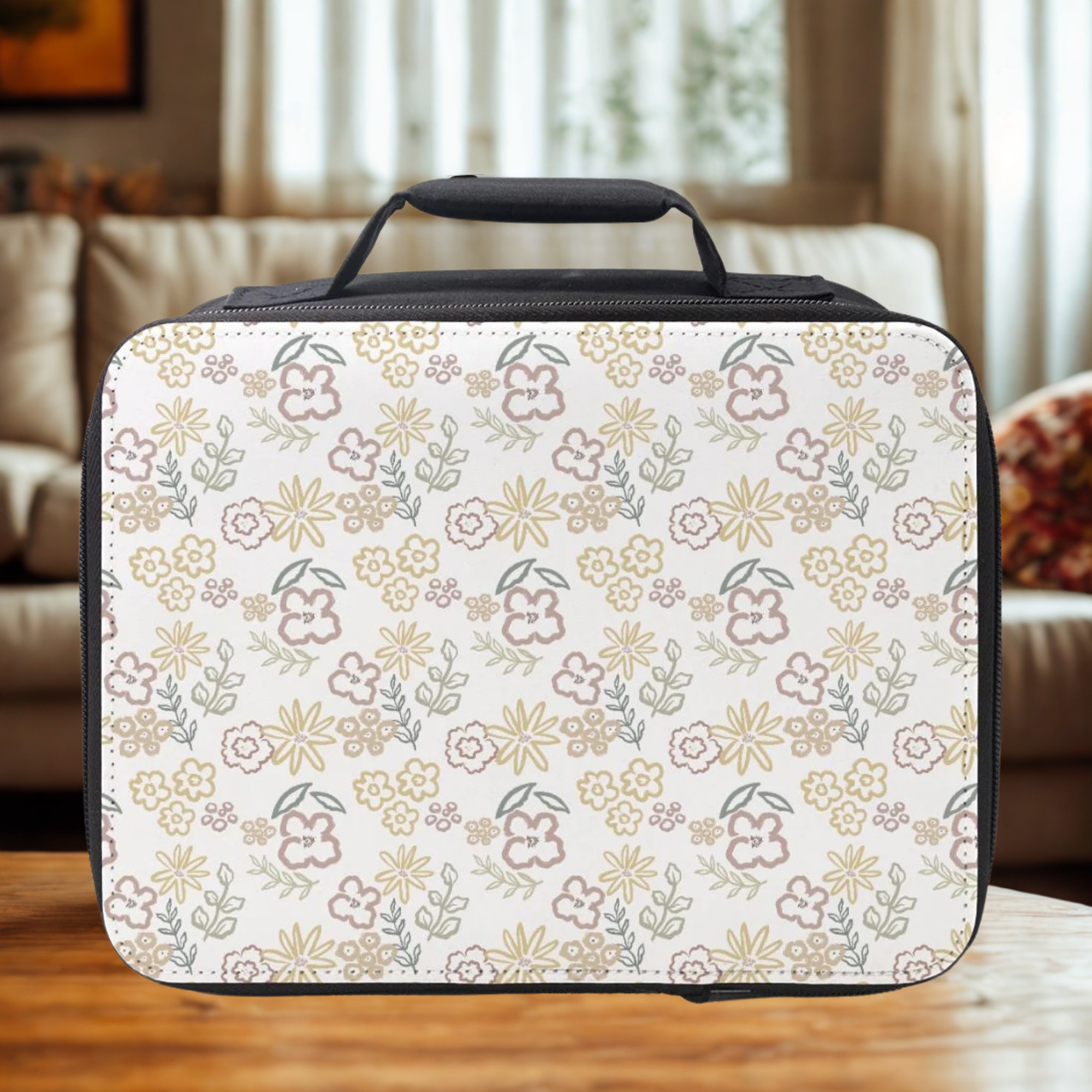 Floral patterned lunch bag on a wooden  coffee table with a blurred living room background
