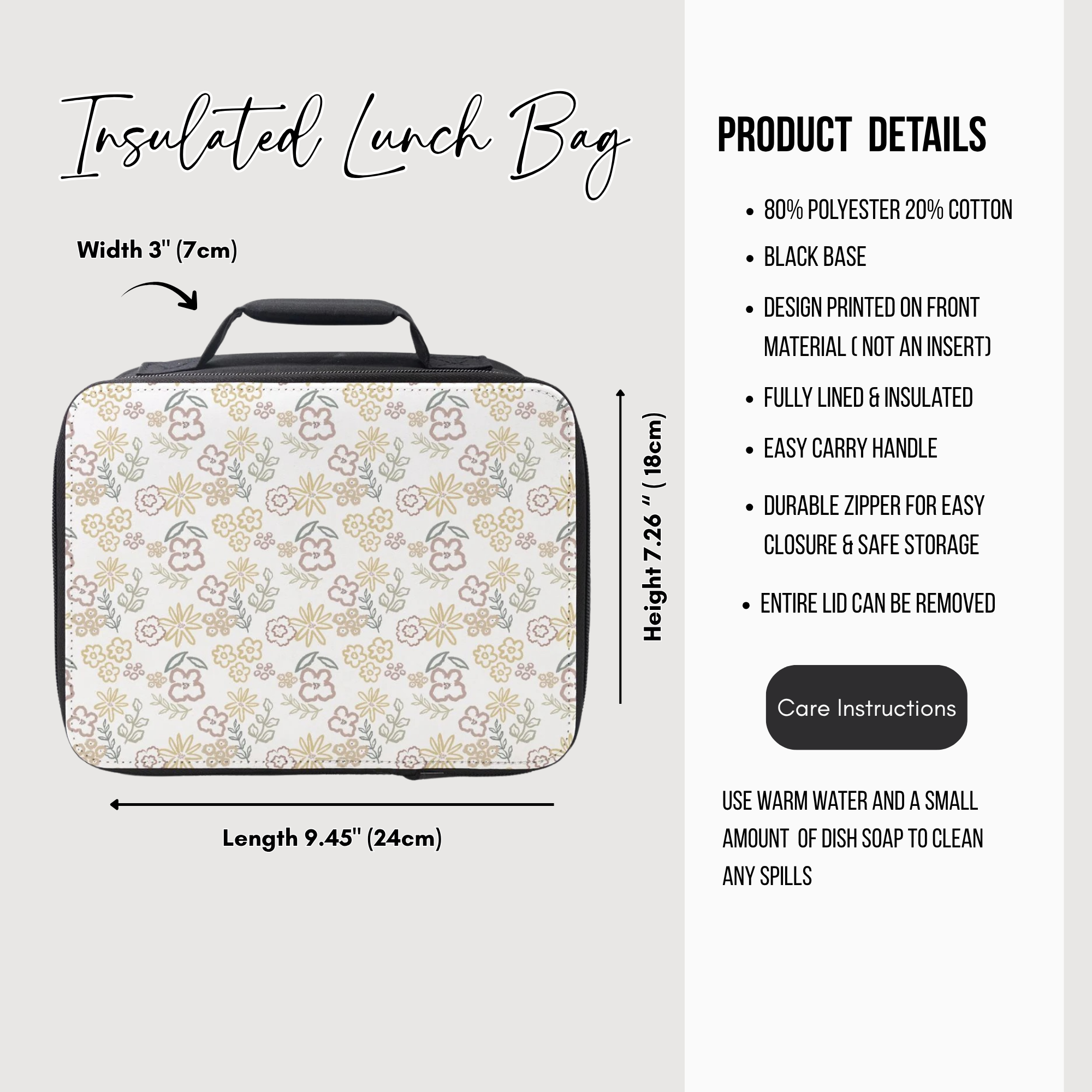 Insulated lunch bag with floral pattern, dimensions, and product details on a white background