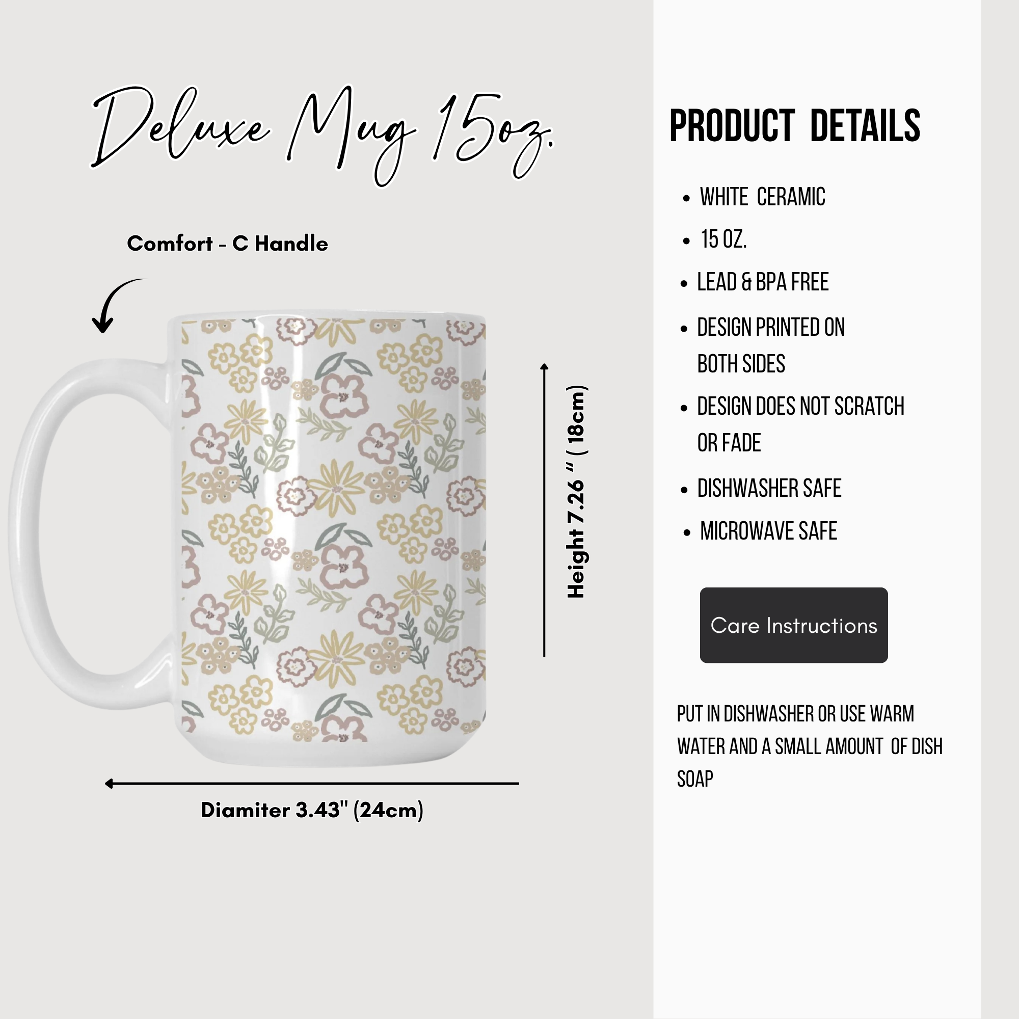 White ceramic mug with floral pattern and product details on a white background