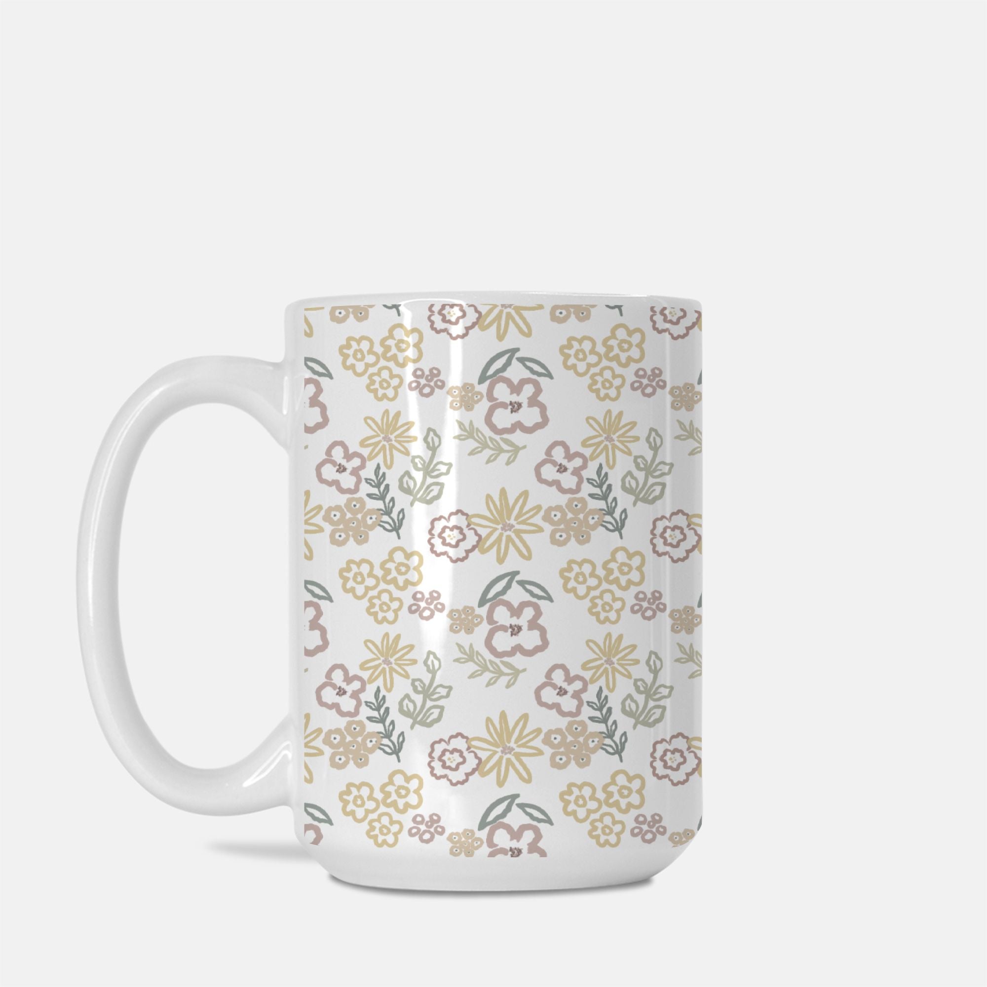 White mug with floral pattern on a white background
