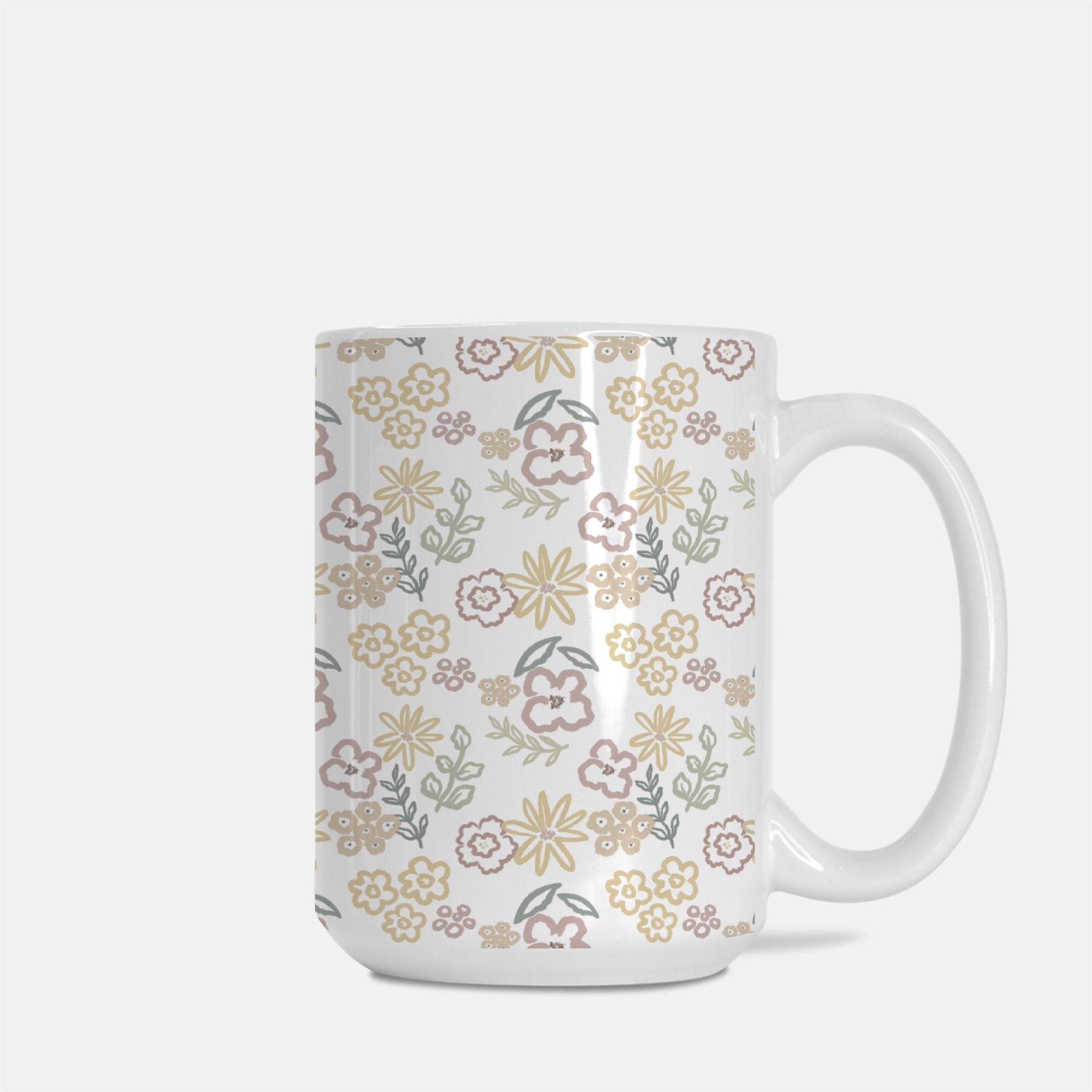 White mug with floral pattern on a white background