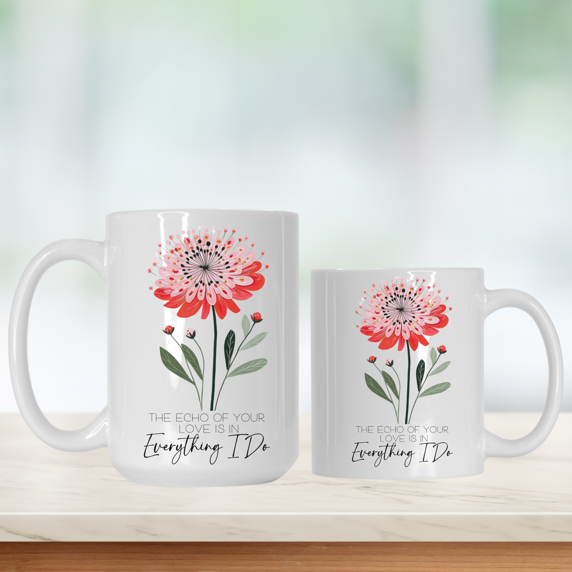 15oz & 11oz white mugs with floral design and text on a light background