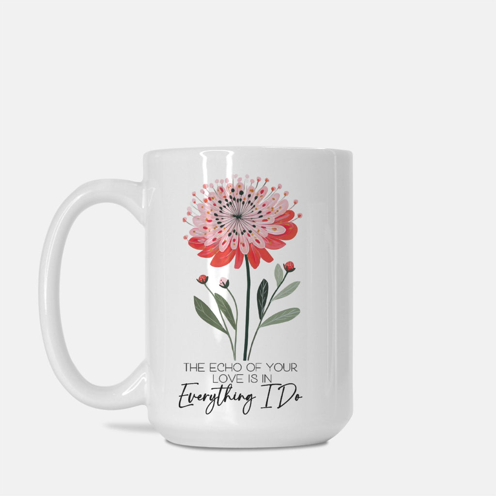 White mug with a floral design and text on a white background