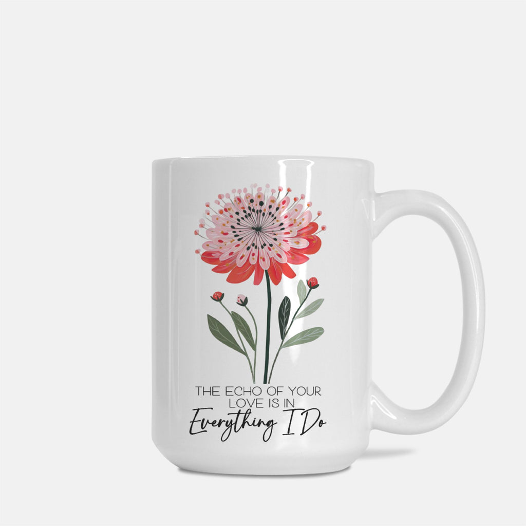 White mug with a floral design and text on a white background
