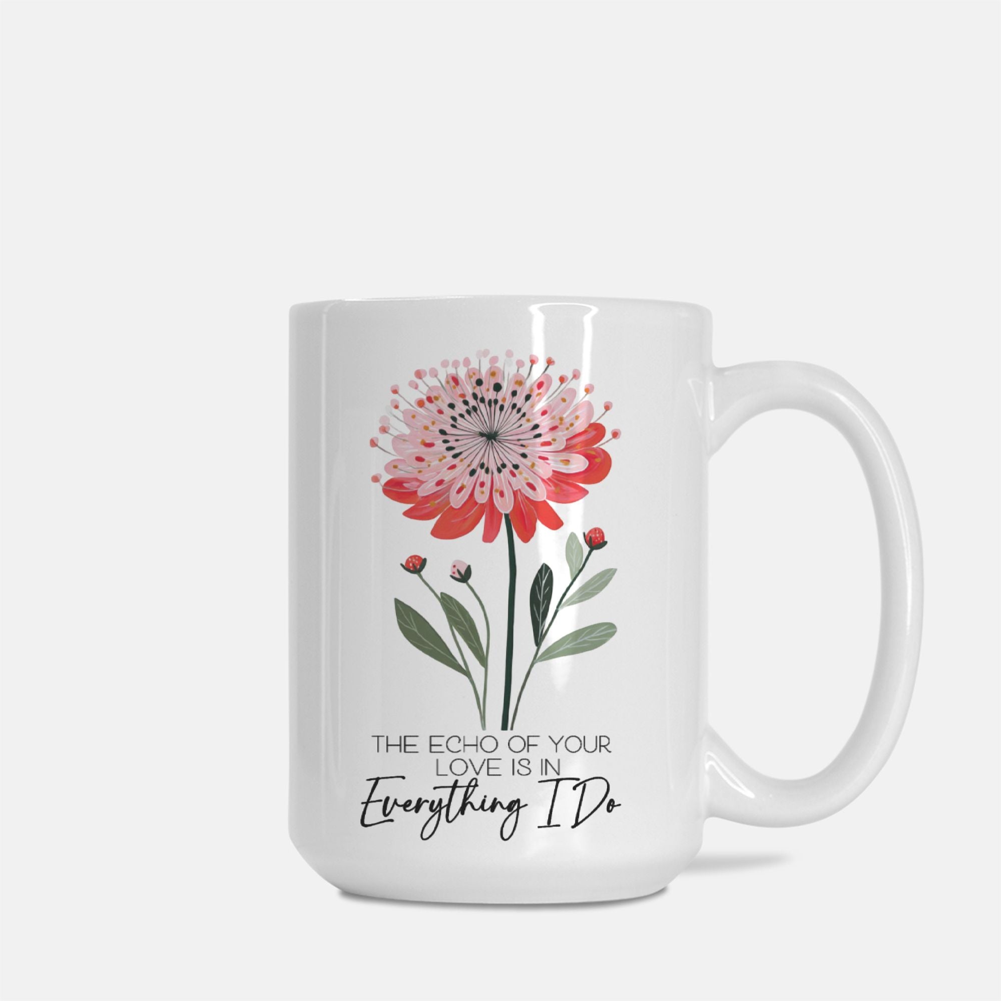 White mug with a floral design and text on a white background