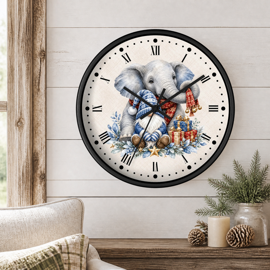 Elephant & Gnome Holiday Wall Clock —  Winter Animal Nursery Decor