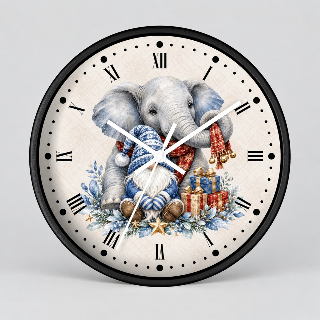 Elephant & Gnome Holiday Wall Clock —  Winter Animal Nursery Decor