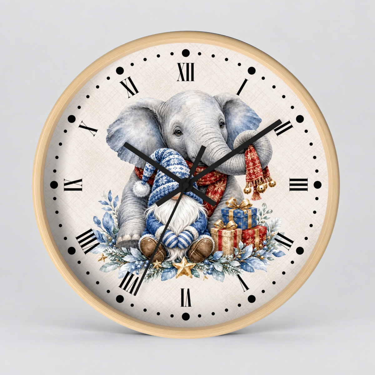 Elephant & Gnome Holiday Wall Clock —  Winter Animal Nursery Decor