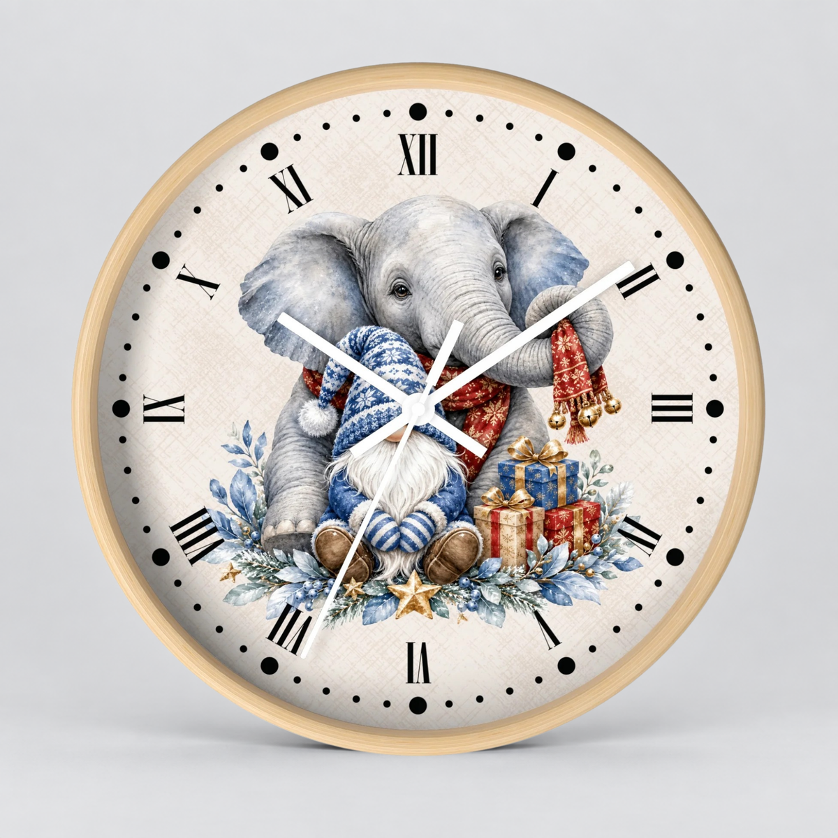 Elephant & Gnome Holiday Wall Clock —  Winter Animal Nursery Decor