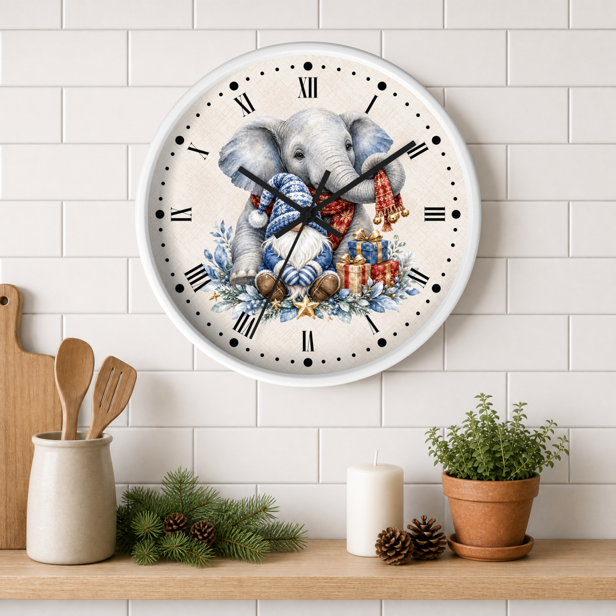 Elephant & Gnome Holiday Wall Clock —  Winter Animal Nursery Decor