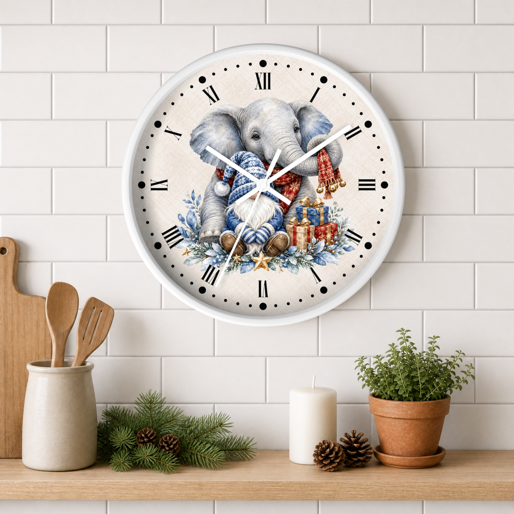 Elephant & Gnome Holiday Wall Clock —  Winter Animal Nursery Decor