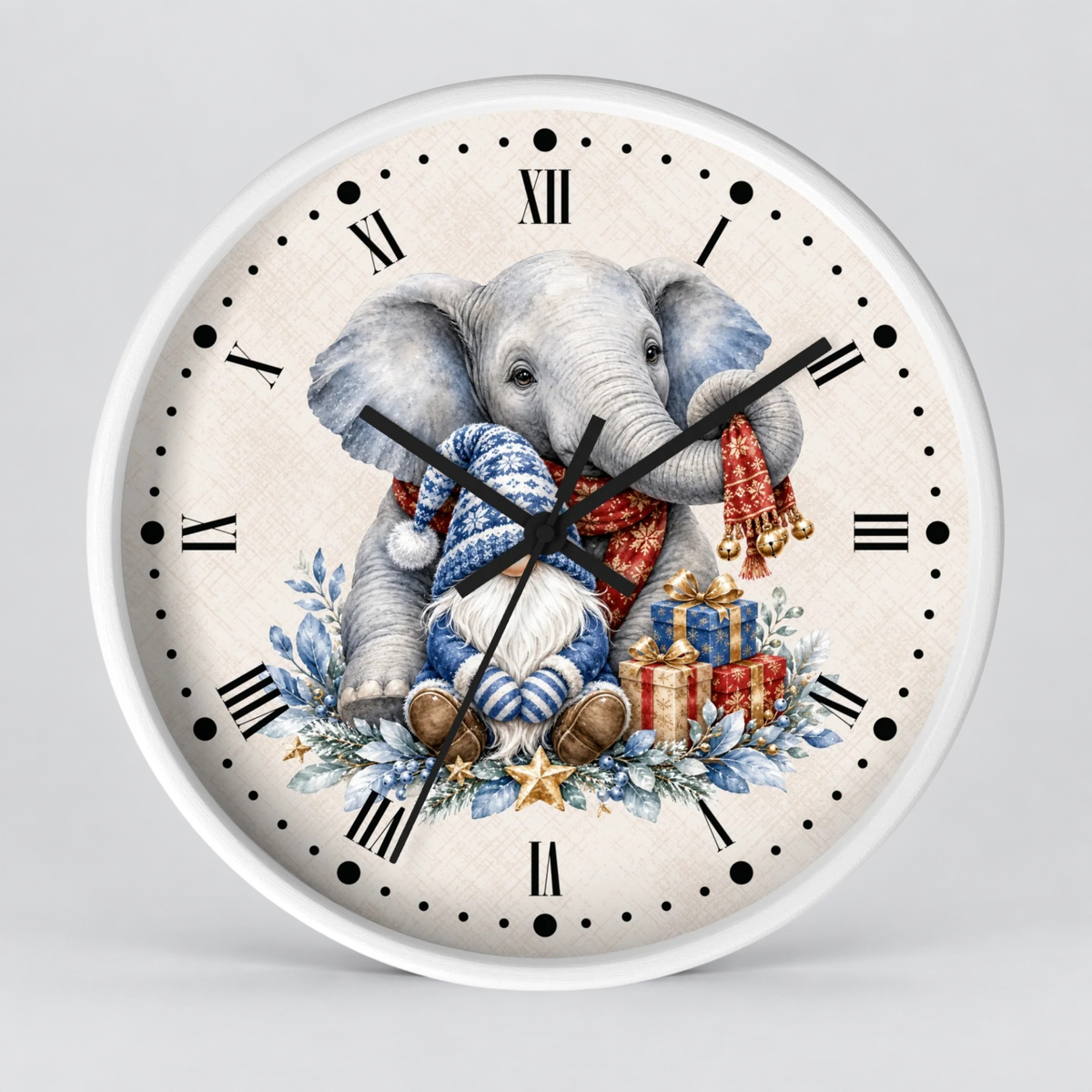 Elephant & Gnome Holiday Wall Clock —  Winter Animal Nursery Decor