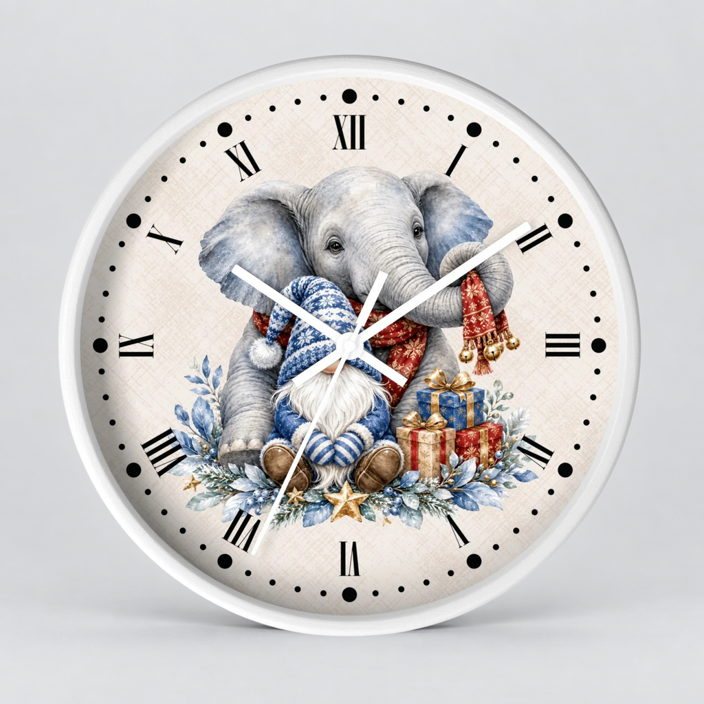 Elephant & Gnome Holiday Wall Clock —  Winter Animal Nursery Decor
