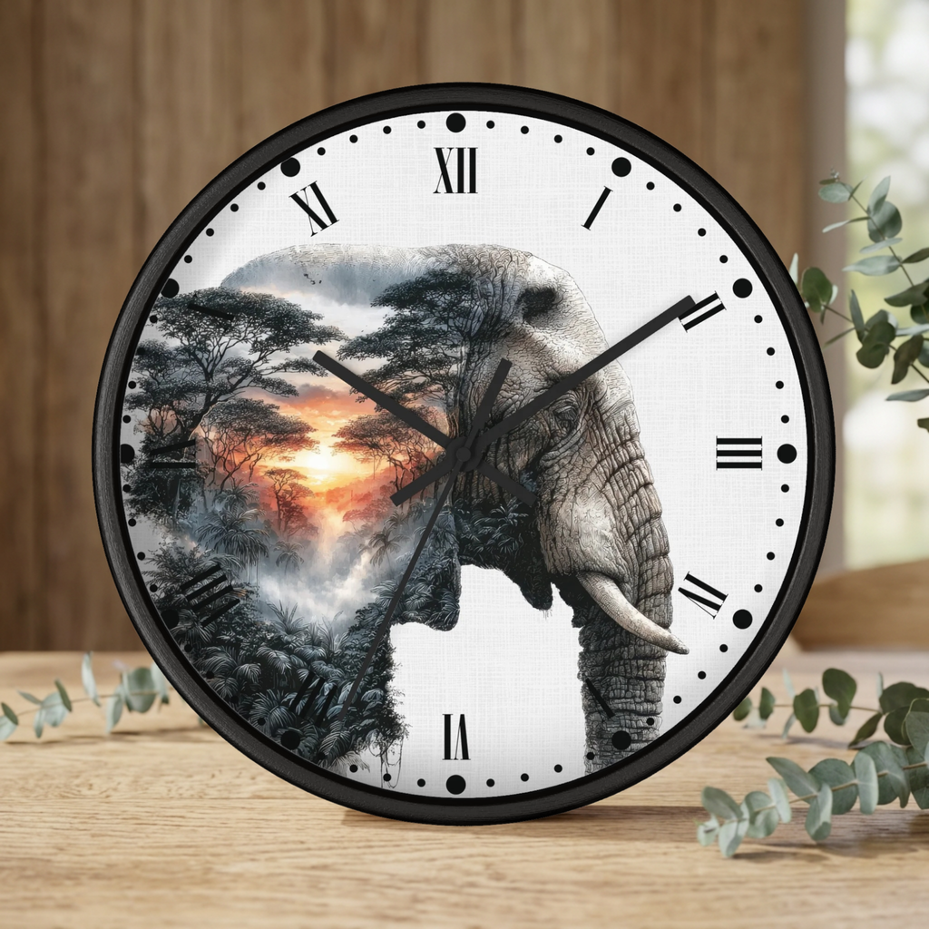 A round wall clock with a black frame and Roman numerals, featuring a printed design of an elephant silhouette filled with a sunset landscape and trees. The clock is shown on a wooden surface with decorative eucalyptus branches in the background.