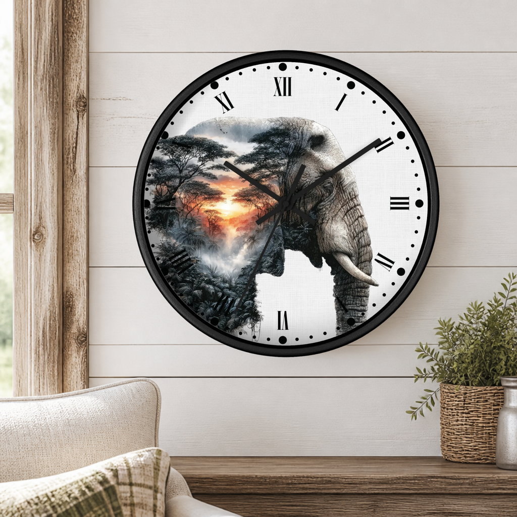 A round wall clock with a black frame and Roman numerals, featuring a printed design of an elephant silhouette blending into a savanna landscape with a sunset. The clock is mounted on a white wood-paneled wall above a wooden table with a potted plant and a sofa visible.