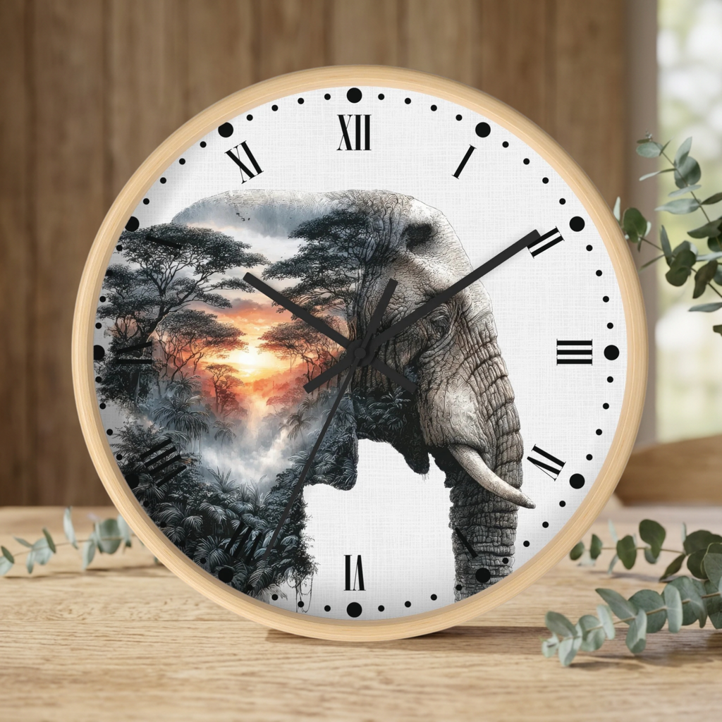 Elephant Sunrise Wall Clock — Wildlife Silhouette Art Decor