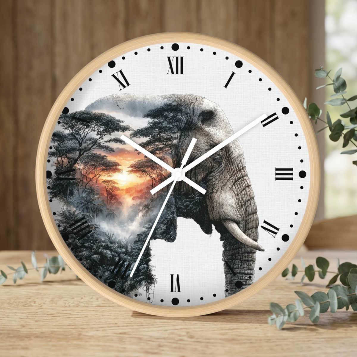 Elephant Sunrise Wall Clock — Wildlife Silhouette Art Decor