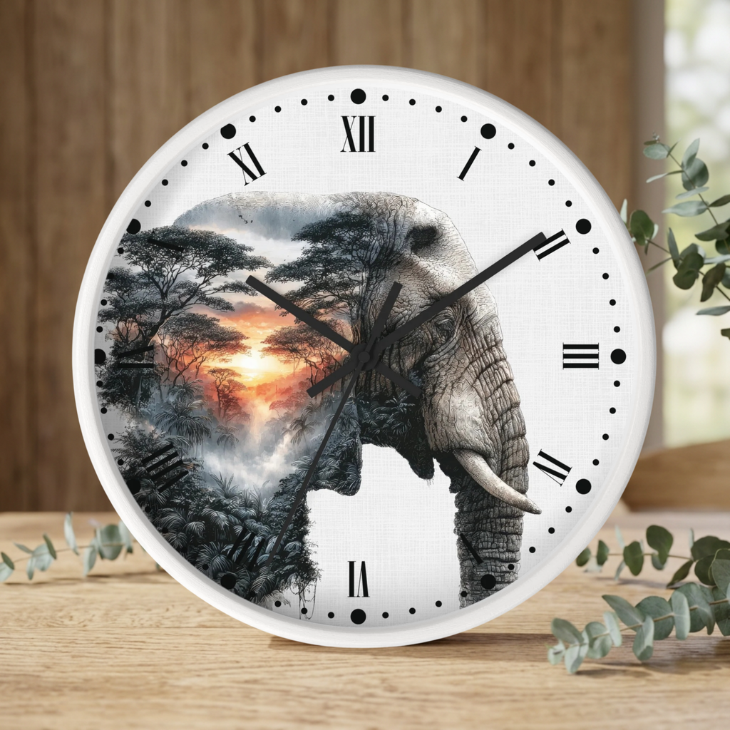 Round wall clock with a white face, black Roman numerals, and black hands, featuring a double-exposure design of an elephant and an African savanna landscape. The clock is shown on a wooden tabletop with decorative greenery.