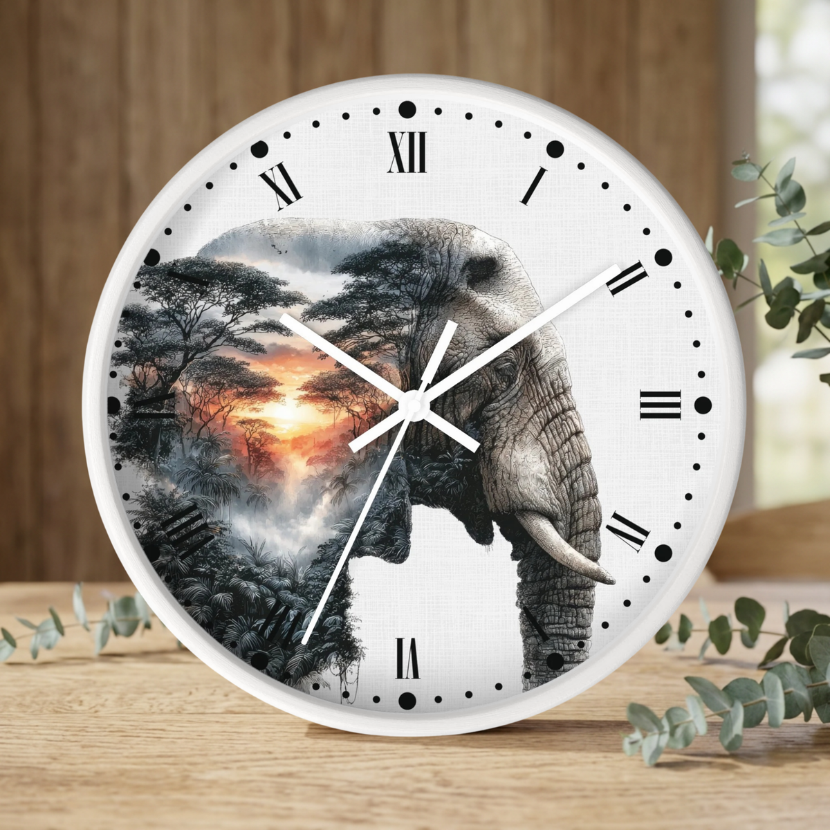 Elephant Sunrise Wall Clock — Wildlife Silhouette Art Decor